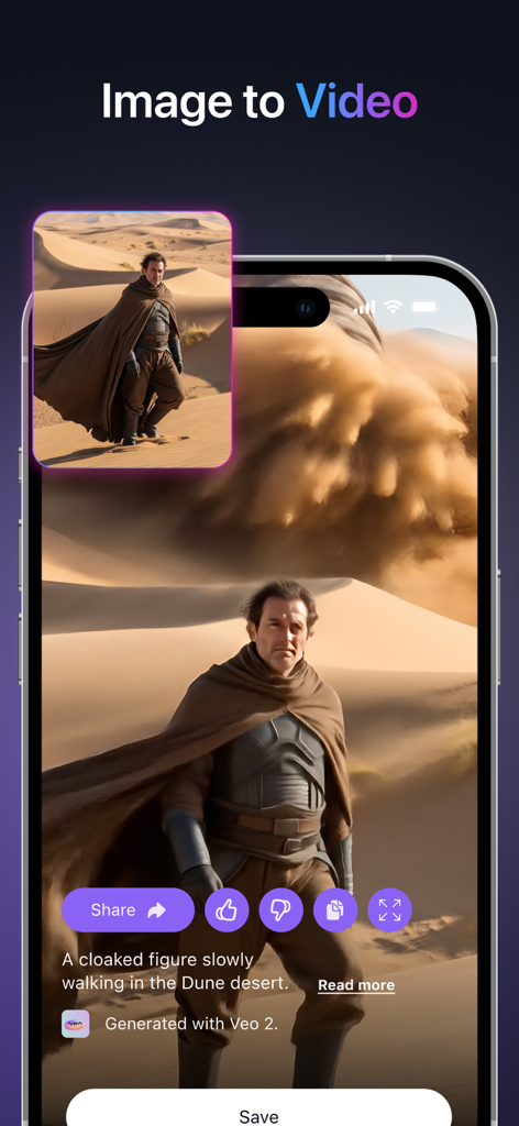 Spice: AI Video Maker & More - Interface of the Spice AI Video Maker app showcasing the Image to Video feature transforming a photo of a cloaked figure in a desert into an AI-animated clip.