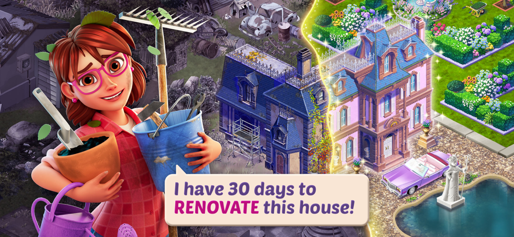 Lily’s Garden: Match & Design - 캐릭터 릴리가 다채로운 개조 중인 집 앞에서 원예 도구를 들고 있는 모습