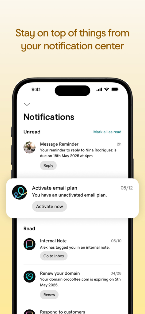 App-Benachrichtigungszentrum mit Geschäftserinnerungen und Domain-Verlängerungswarnungen