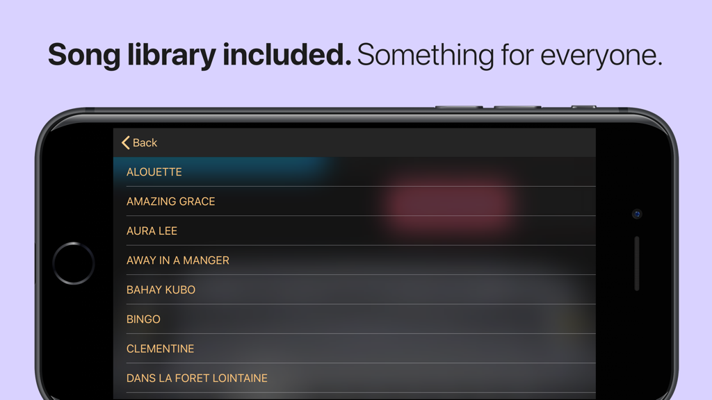 Harmonica - A smartphone showing the Harmonica app song library with titles like Amazing Grace and Alouette.