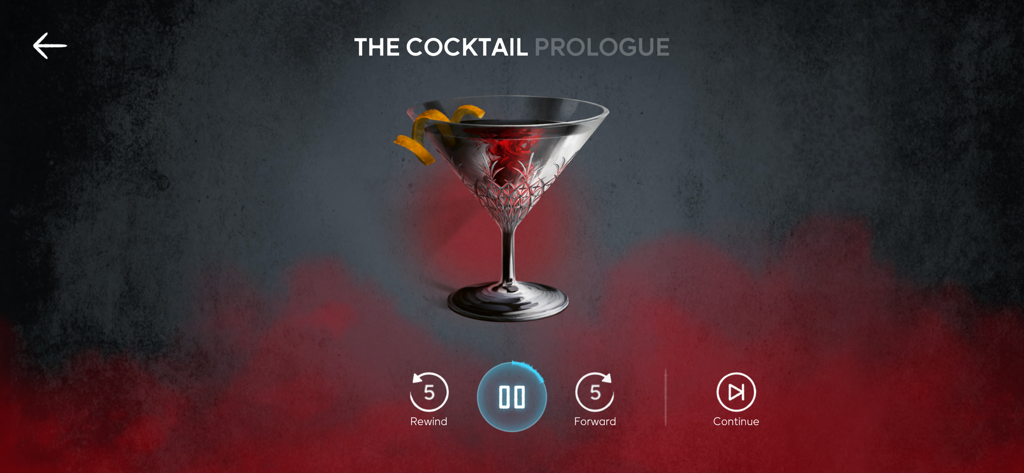 Ravensburger echoes - A screen from the Ravensburger echoes app displaying a cocktail glass with audio playback controls for the prologue of a mystery game