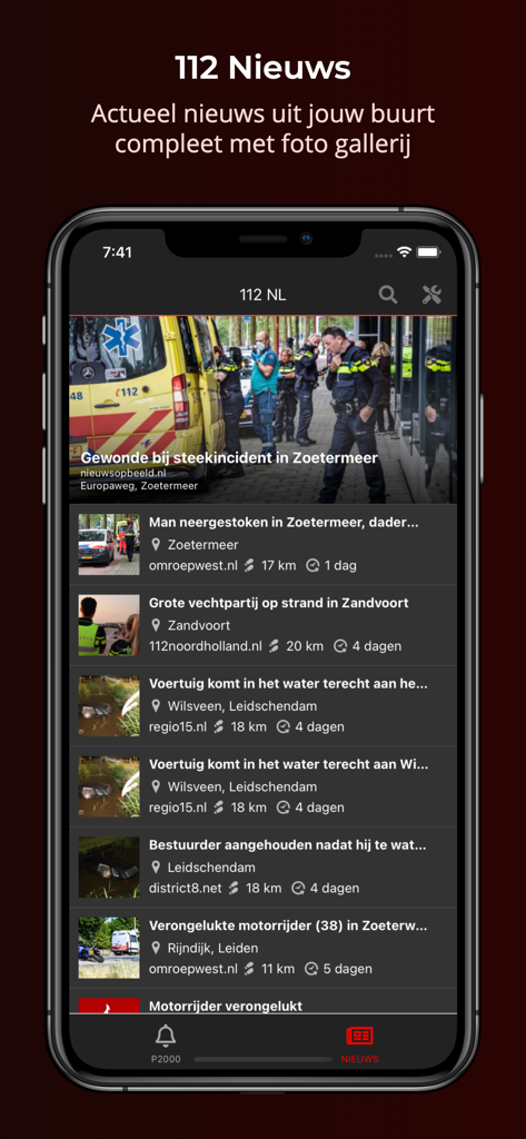 Smartphone screen showing the 112-Nederland app news feed with local emergency alerts and photos