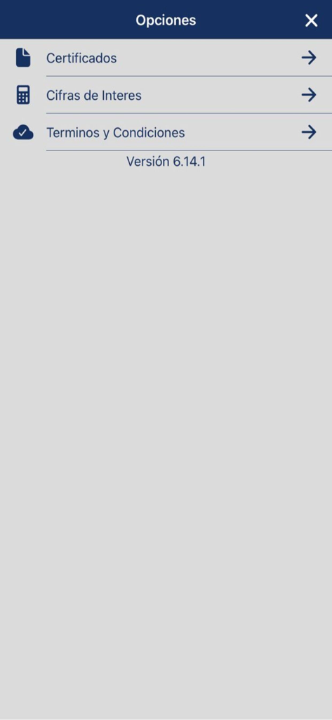 Pantalla del menú de opciones en la app Asopagos mostrando enlaces a certificados y tasas de interés
