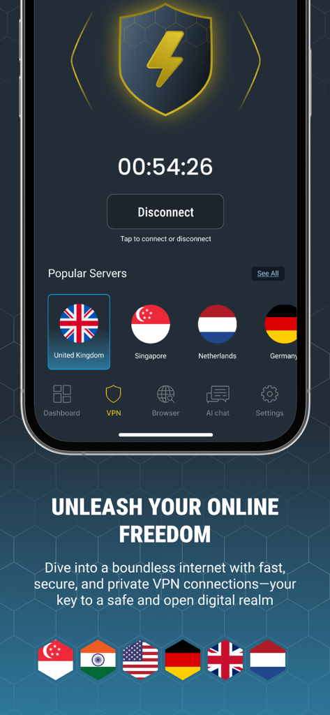 Interfaz de conexión VPN del Navegador SilverSecure AI con selección de servidor y temporizador de conexión segura