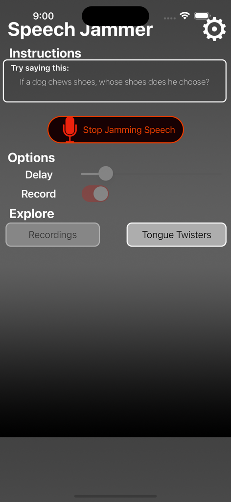 Interface of the Speech Jammer app showing a tongue twister challenge and audio delay settings.