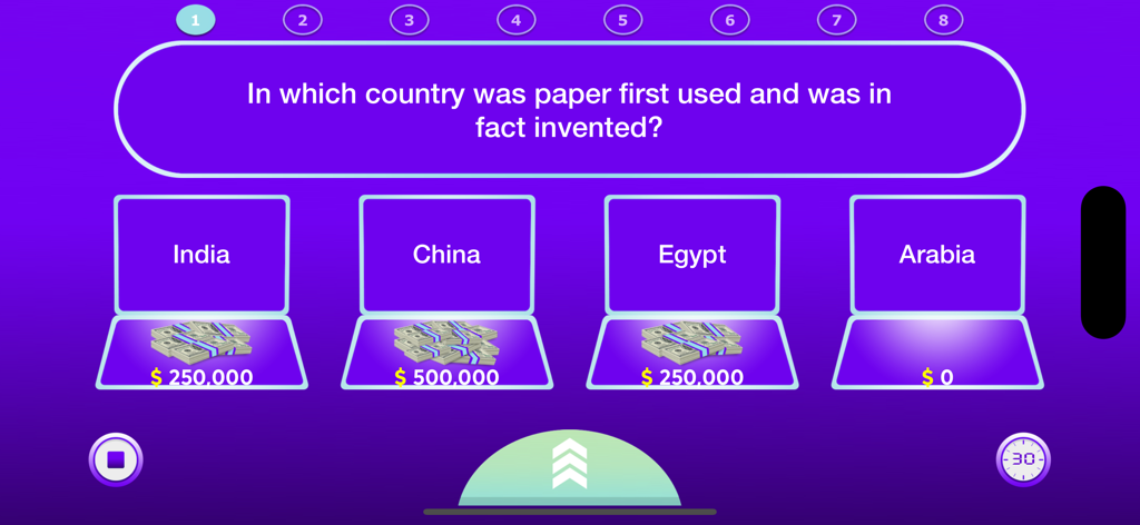 World Quiz : Family Game - Gameplay screenshot of World Quiz Family Game showing a trivia question about where paper was invented.