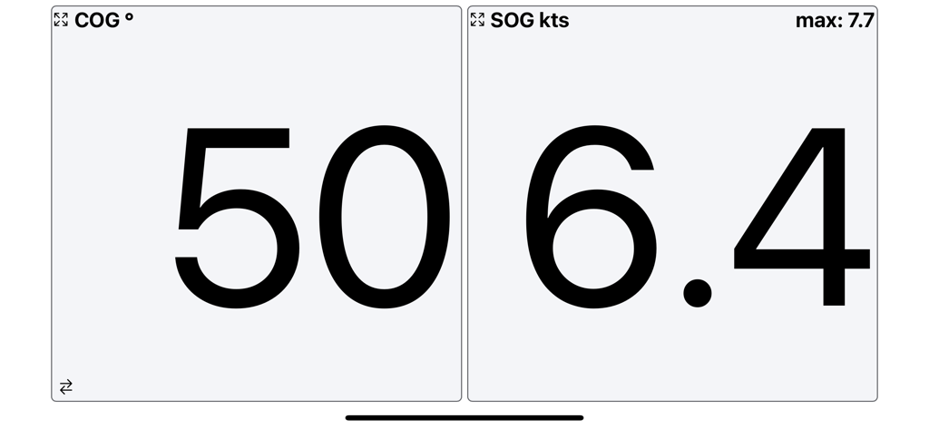Interfaz de alto contraste que muestra grandes métricas de navegación COG y SOG para regatistas