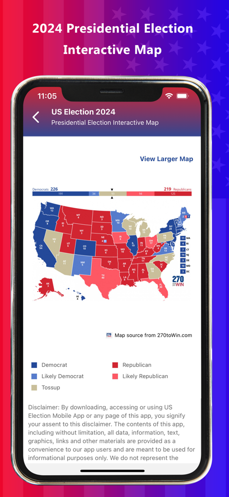 Presidential & US Election App - Interaktive US-Karte, die Vorhersagen des Wahlkollegiums für die Präsidentschaftswahl 2024 mit demokratischen und republikanischen Staaten zeigt