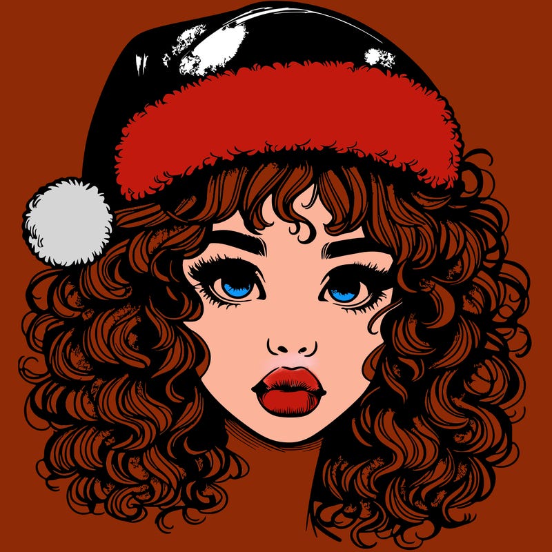 realistic girl with a santa hat curly hair and lips