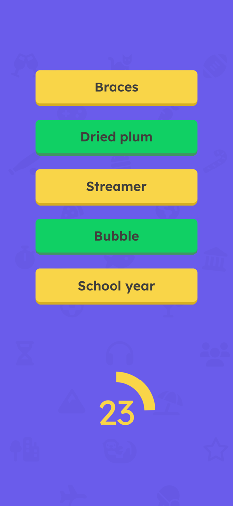 30 seconds: Five in Thirty - Five in Thirty mobile game screen showing five words to guess and a countdown timer on a purple background