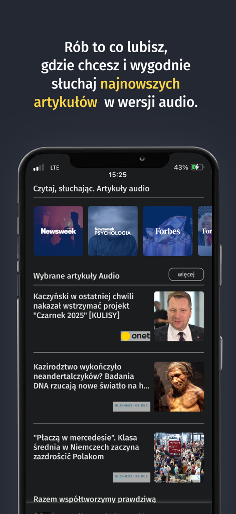 Onet Audio app interface showing a selection of audio news articles and podcasts from Newsweek and Forbes in Polish