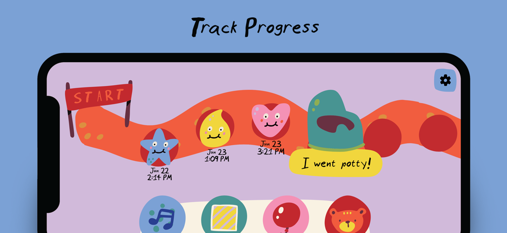 Potty Training App for Kids - A colorful digital sticker chart in the potty training app showing a childs progress with dates and cute character icons