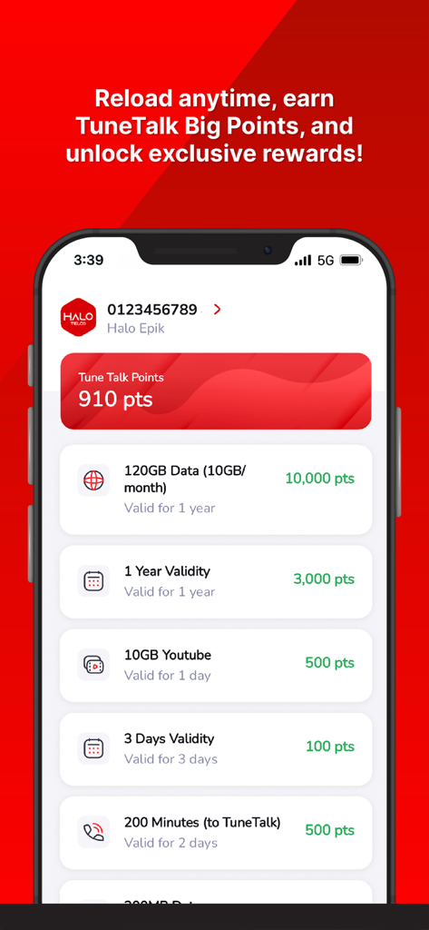 Halo Telco - Halo Telco app interface showing Tune Talk Big Points balance and a list of rewards including data and validity extensions