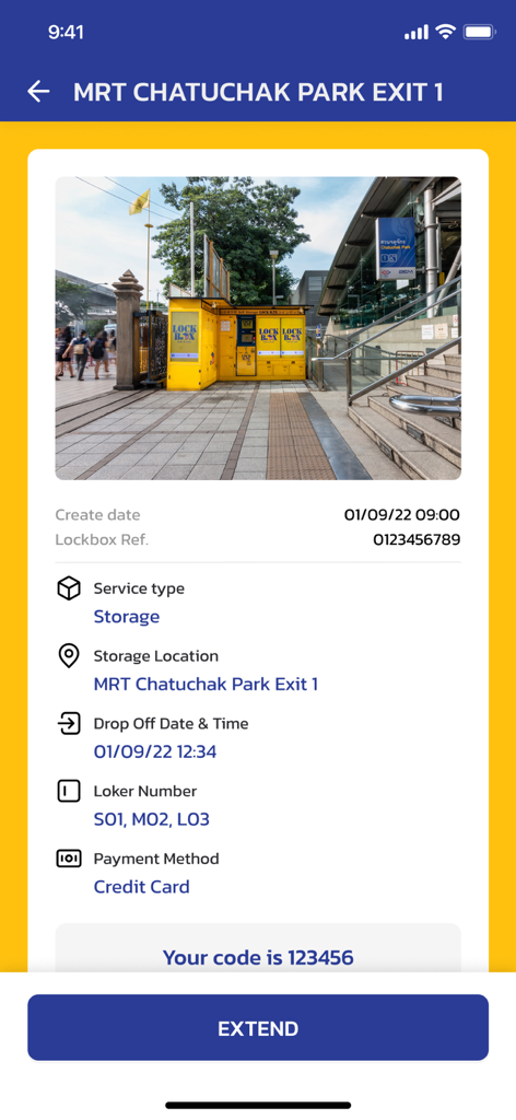 짜뚜짝 공원 위치의 짐 보관을 위한 LockboxTH 앱 예약 화면.