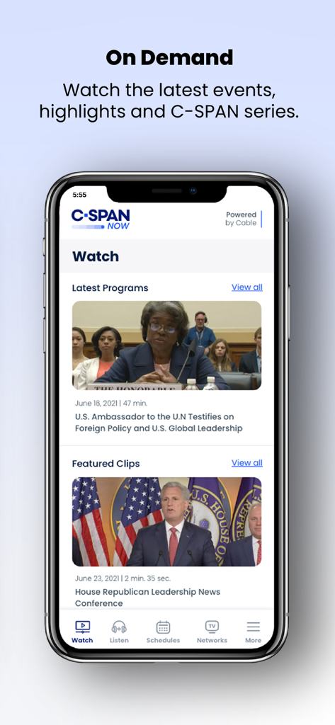 C-SPAN Now app showing a list of on-demand congressional programs and featured news clips on a mobile device.