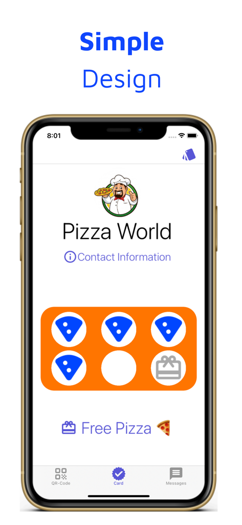 Digital pizza loyalty card in WinStamp app showing stamp progress and reward