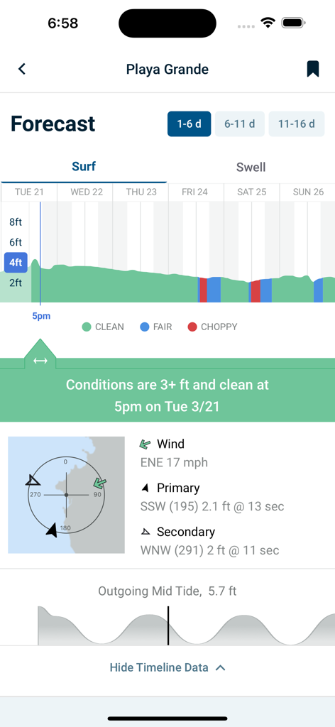 Surf Captain - Surf Captain mobile app interface showing wave height wind and tide forecast for Playa Grande