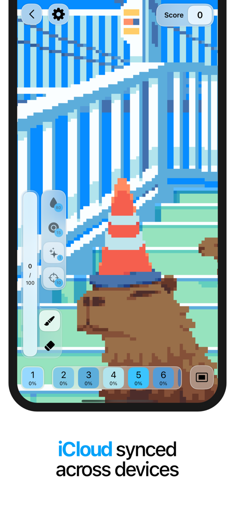 Pixquare - Color by Number - Pixquare app interface showing a pixel art capybara with a traffic cone and text describing iCloud sync across devices
