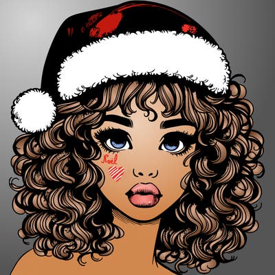 realistic girl with a santa hat curly hair and lips
