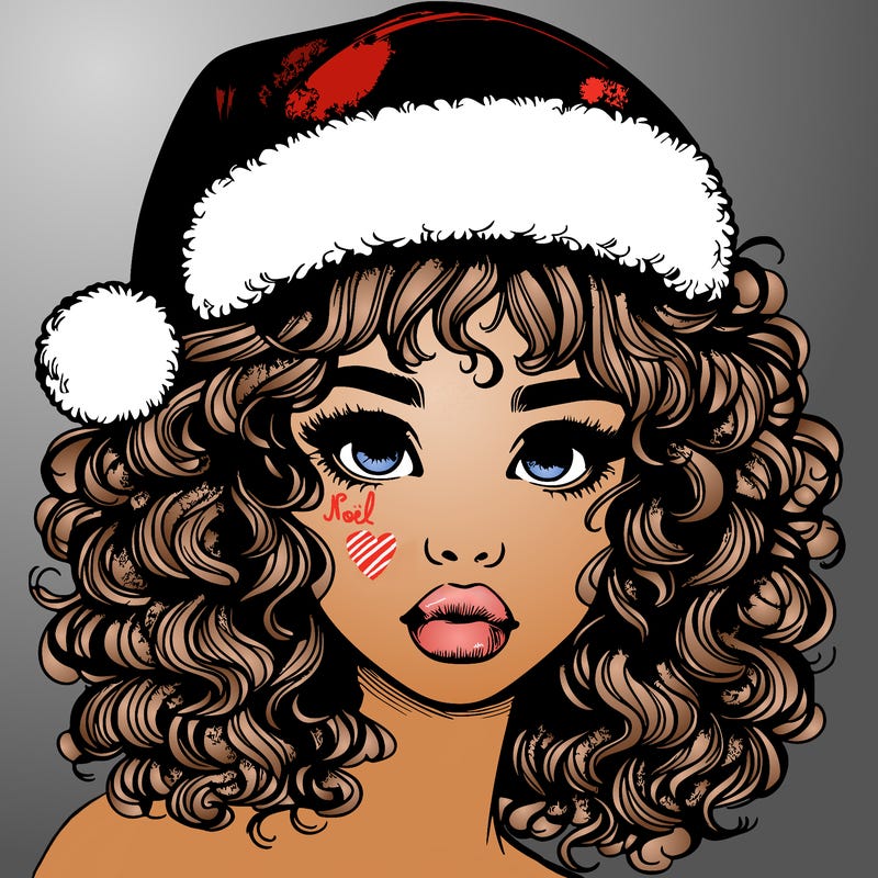 realistic girl with a santa hat curly hair and lips