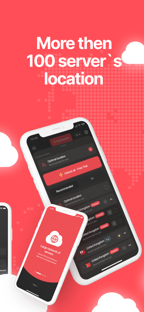 CloudVPN app interface showing a list of international server locations on a smartphone screen