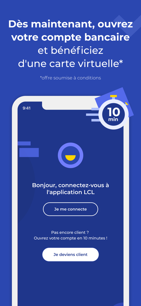 Welcome screen of the LCL Mes Comptes banking app showing login and account opening options.