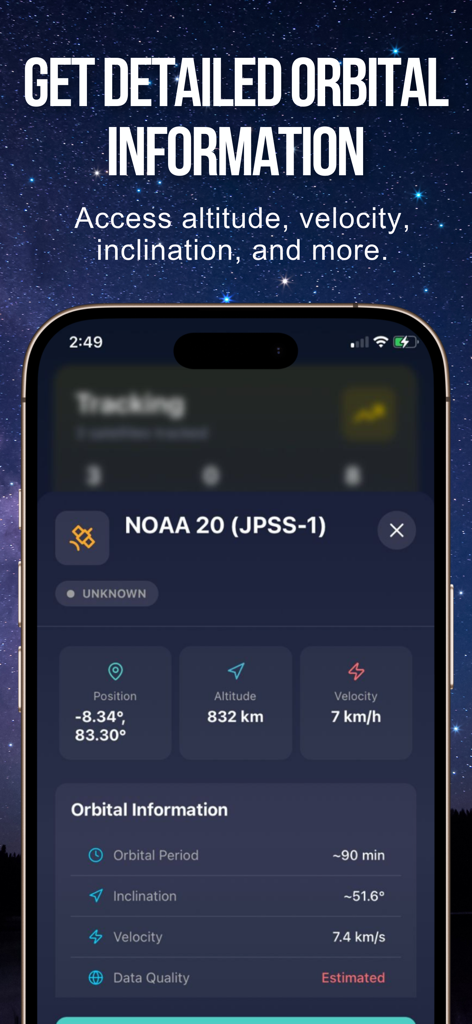 Satellite Tracker - Sky Map - Mobile screen showing detailed orbital information for the NOAA 20 satellite including altitude and velocity