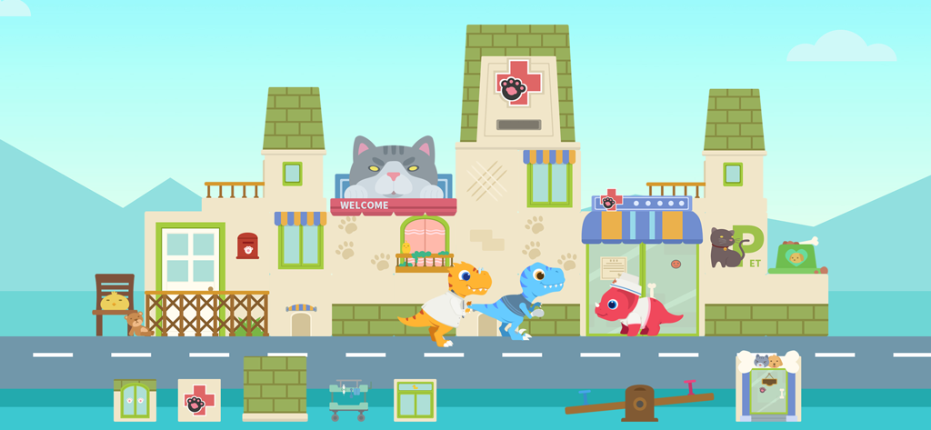 Dinosaur characters role playing as doctors in a colorful building game for kids