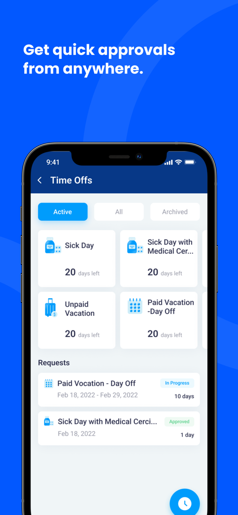 Spark.work mobile app displaying time off balances and leave requests