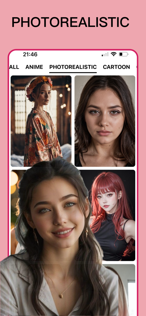 Tela do aplicativo AIArt exibindo uma galeria de retratos fotorrealistas de mulheres gerados por IA.