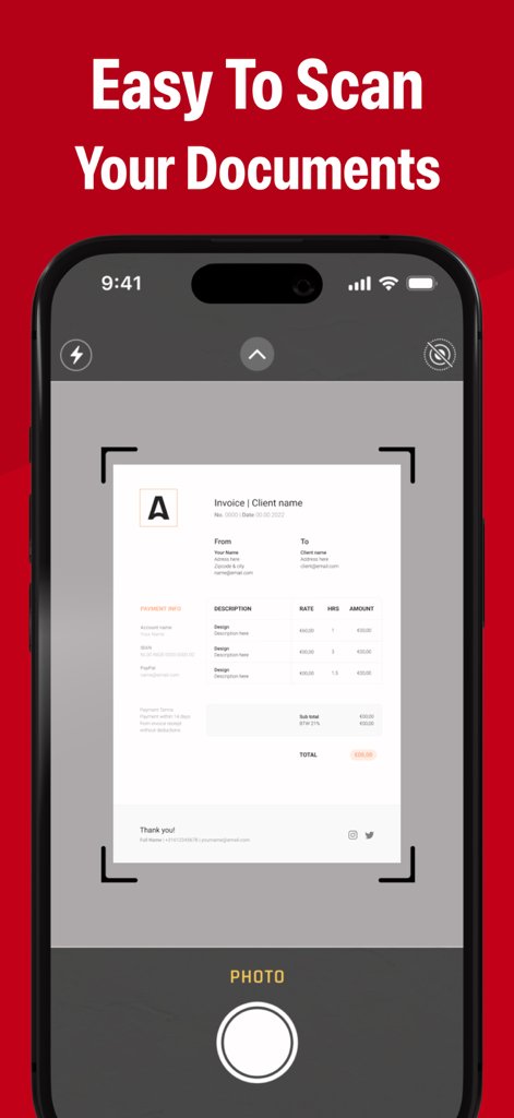 PDF Converter & Scan Editor - Interfaz de la aplicación móvil que muestra un smartphone escaneando un documento de factura para convertirlo a PDF