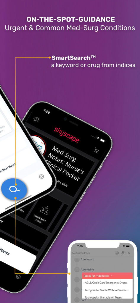 MedSurg Notes: Nurse Pkt Guide - Interfaz de la aplicación MedSurg Notes destacando la función SmartSearch para que las enfermeras encuentren medicamentos y afecciones médicas.