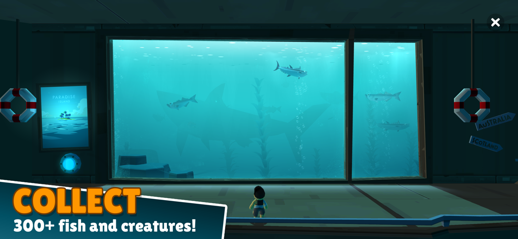 Un personaje jugador viendo un gran acuario interior con diversas especies de peces y la sombra de un tiburón gigante.