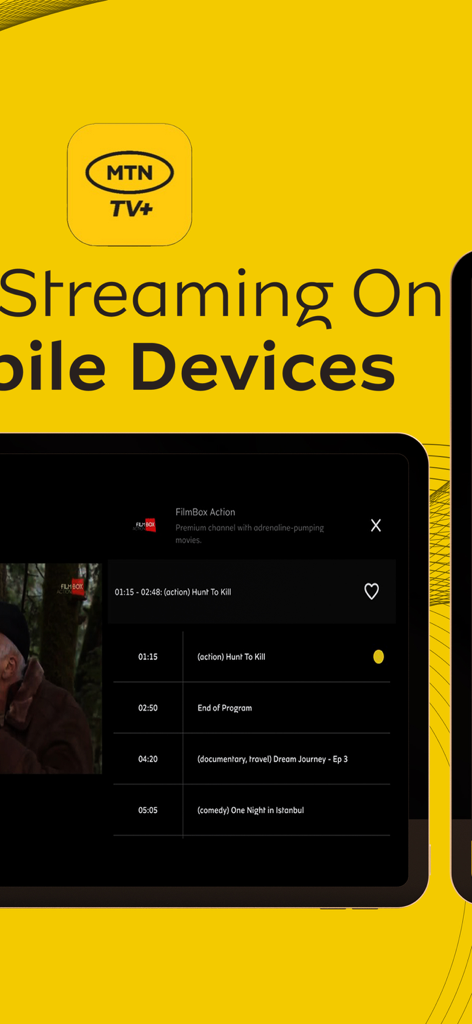 MTN TV+ - 프로그램 일정 및 스트리밍 옵션을 보여주는 MTN TV 플러스 모바일 앱 인터페이스