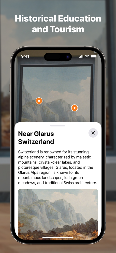 ThingLink AR Viewer - Interfaz de la aplicación ThingLink AR Viewer mostrando puntos de interés interactivos en una pintura de paisaje de montaña para educación histórica y turismo