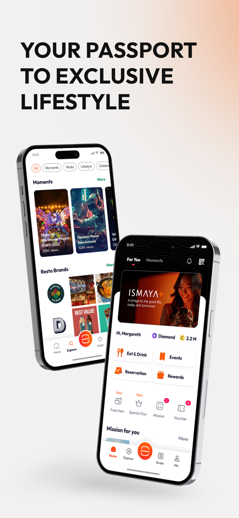 ISMAYA+ - Interface of the ISMAYA+ app on two smartphones showcasing loyalty rewards and exclusive lifestyle features.