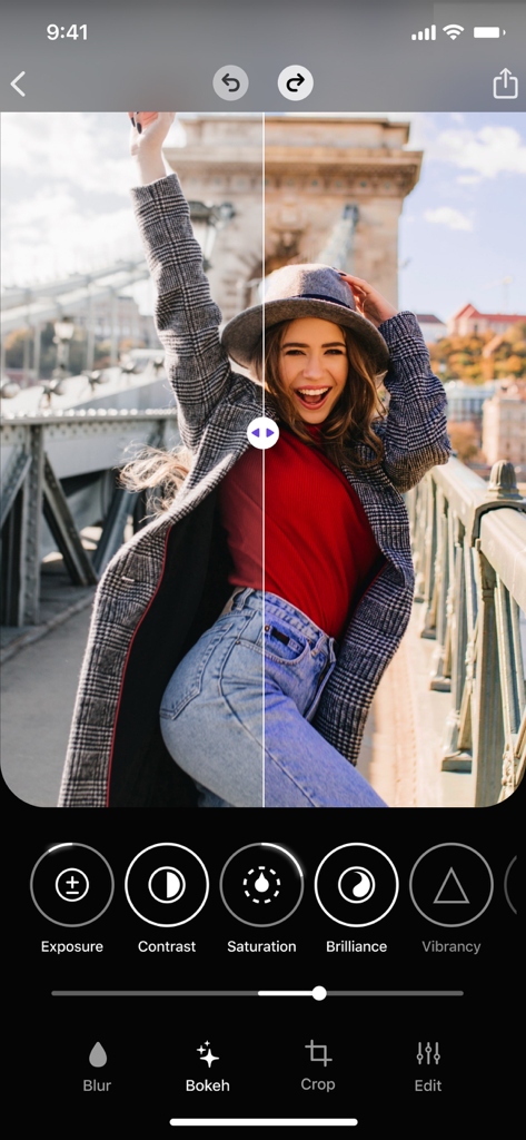Blur Photo - Effect Editor - Mobile App-Benutzeroberfläche, die ein Porträtfoto zeigt, das mit Bokeh- und Weichzeichnungseffekten bearbeitet wird
