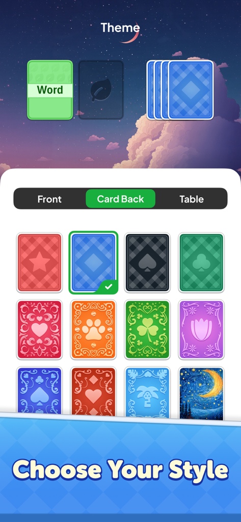 Word Solitaire Now! - Pantalla de personalización que muestra una variedad de elegantes diseños de reversos de cartas en Word Solitaire Now