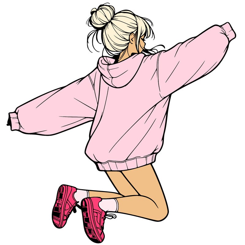 realistic girl jumping with a bun and oversized sweatshirt