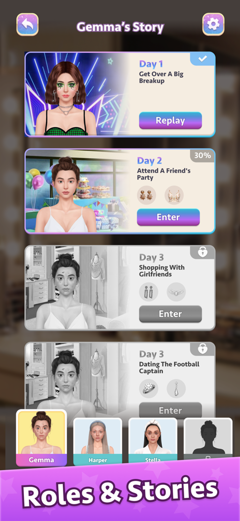 Makeover Artist-Makeup Games - Gemmaのストーリーのストーリー進行チャプターとキャラクター選択を示すモバイルゲームインターフェース。