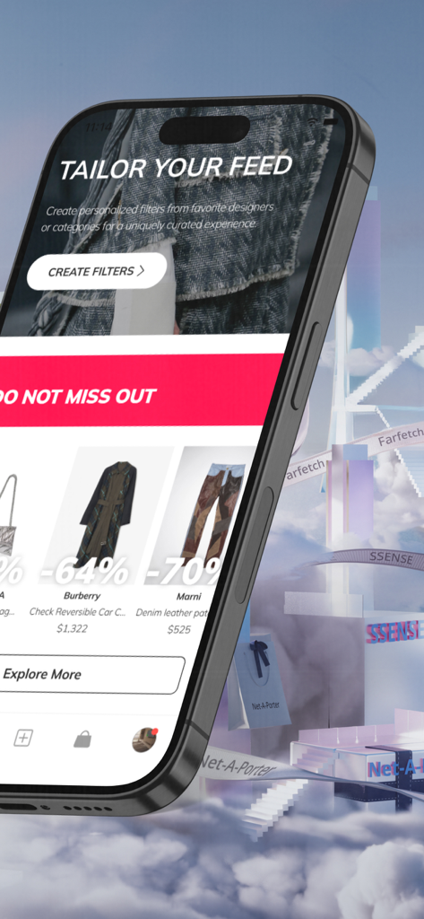 REVERSIBLE - Fashion, Curated - REVERSIBLE app interface showing a personalized luxury fashion feed with brand filters.