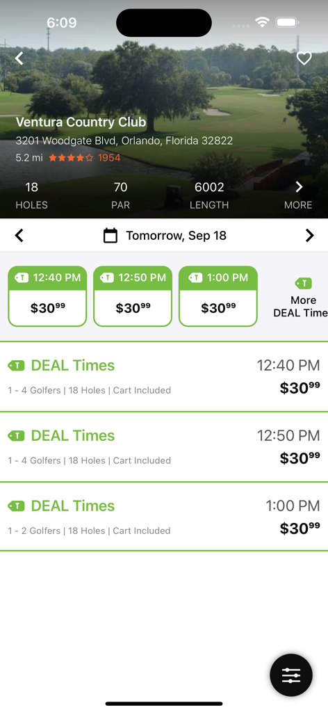 TeeOff mobile app screen displaying discounted golf tee times and course information for Ventura Country Club
