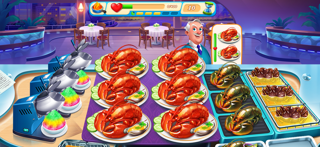 Cooking Train - Food Games - Gameplay of Cooking Train showing a restaurant serving lobster and crab dishes with colorful shaved ice desserts