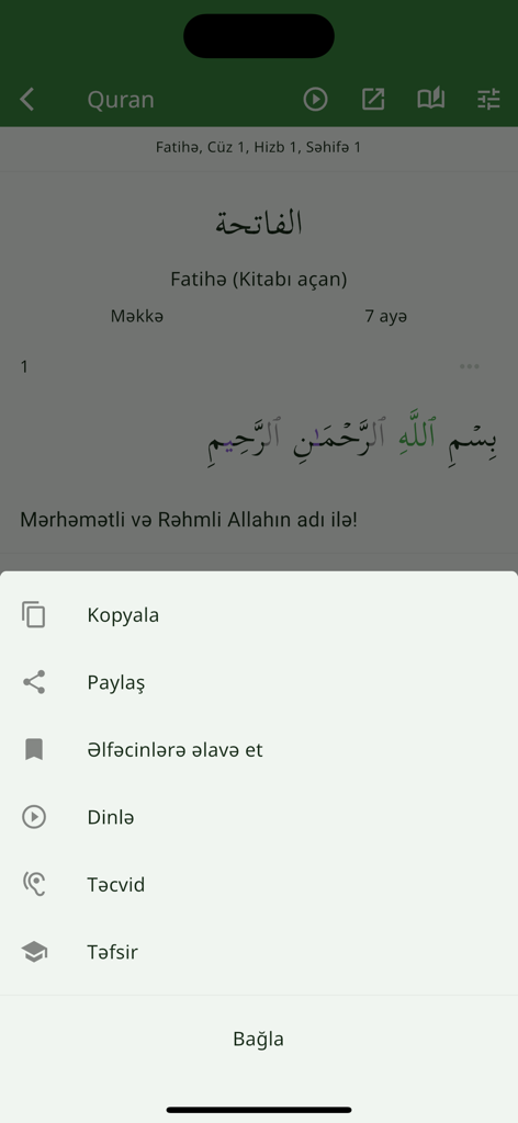 Tanzil (Quran with Tajweed) - A screenshot of the Tanzil Quran app showing an open menu with options like copy, share, listen, and tajweed rules in the Azerbaijani language.