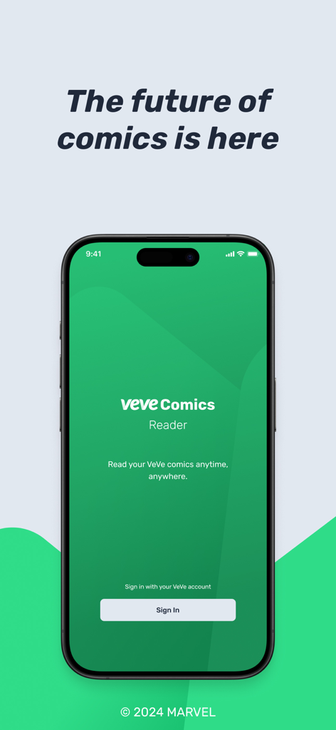 VeVe Comics Reader - Pantalla de bienvenida de la aplicación Lector de Cómics VeVe que muestra un botón de inicio de sesión e información de derechos de autor de Marvel