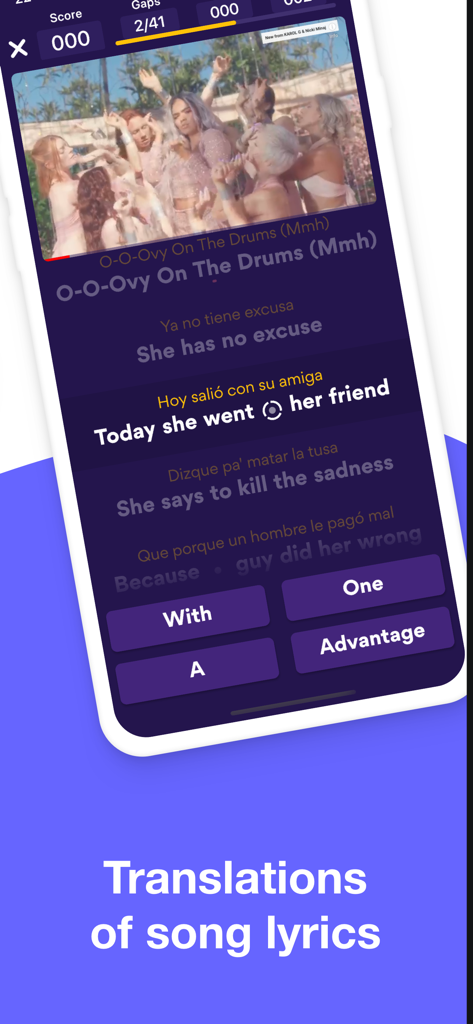 Sounter app screen featuring Spanish song lyrics translated into English with an interactive exercise