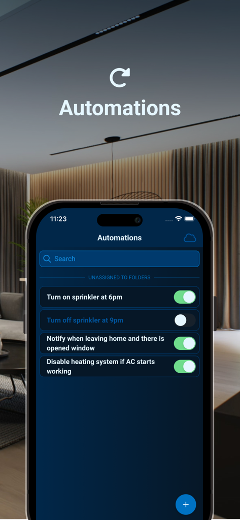 Sinum - Tela do aplicativo Sinum mostrando uma lista de regras de automação de casa inteligente, incluindo horários de irrigação e lógica de controle climático.