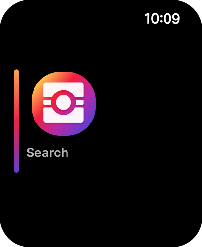 Vista for Feed - Search screen of the Vista for Feed app on an Apple Watch showing a camera icon and search text.