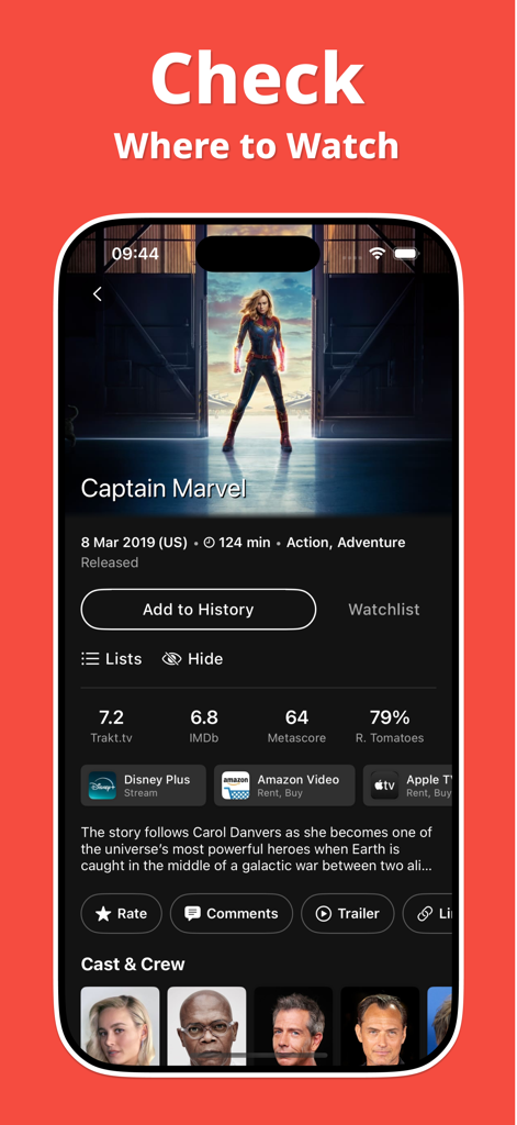 Track Shows & Movies - Showly - Showly app screen showing where to watch Captain Marvel with ratings from Trakt and IMDb