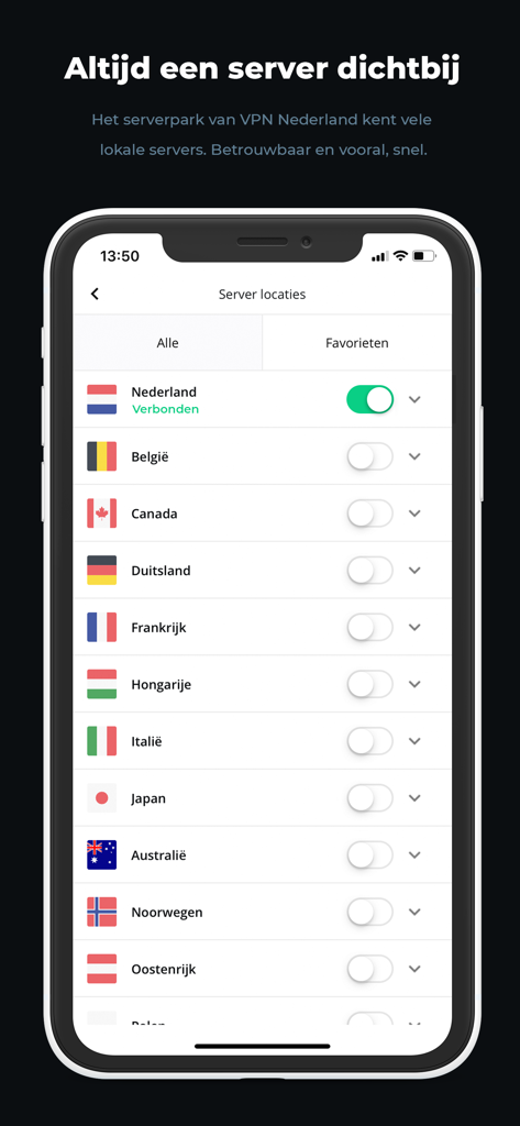 接続されたオランダのサーバーを含む国際サーバーのリストを表示するVPN Nederlandアプリ画面